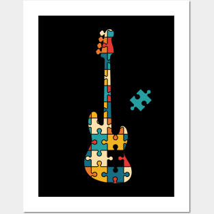 Retro Style Puzzle Bass Guitar Silhouette Posters and Art